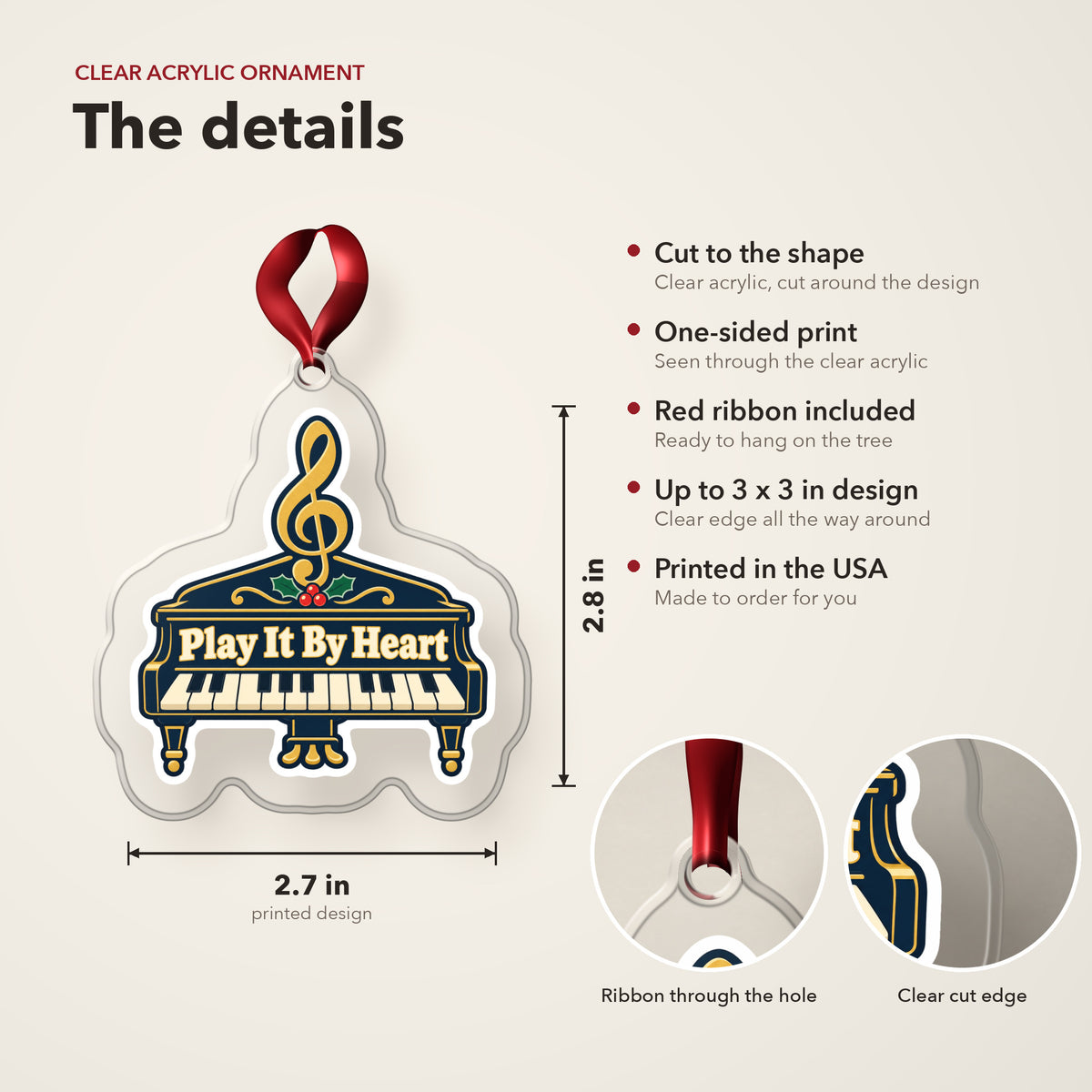 Play It By Heart Grand Piano clear acrylic Christmas ornament details card: size, clear acrylic, ribbon included, printed in the USA