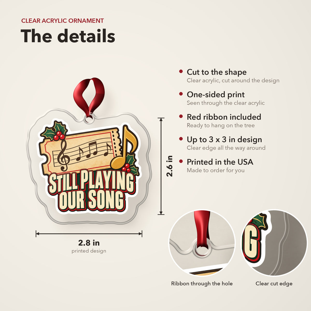 Still Playing Our Song Concert Ticket clear acrylic Christmas ornament details card: size, clear acrylic, ribbon included, printed in the USA