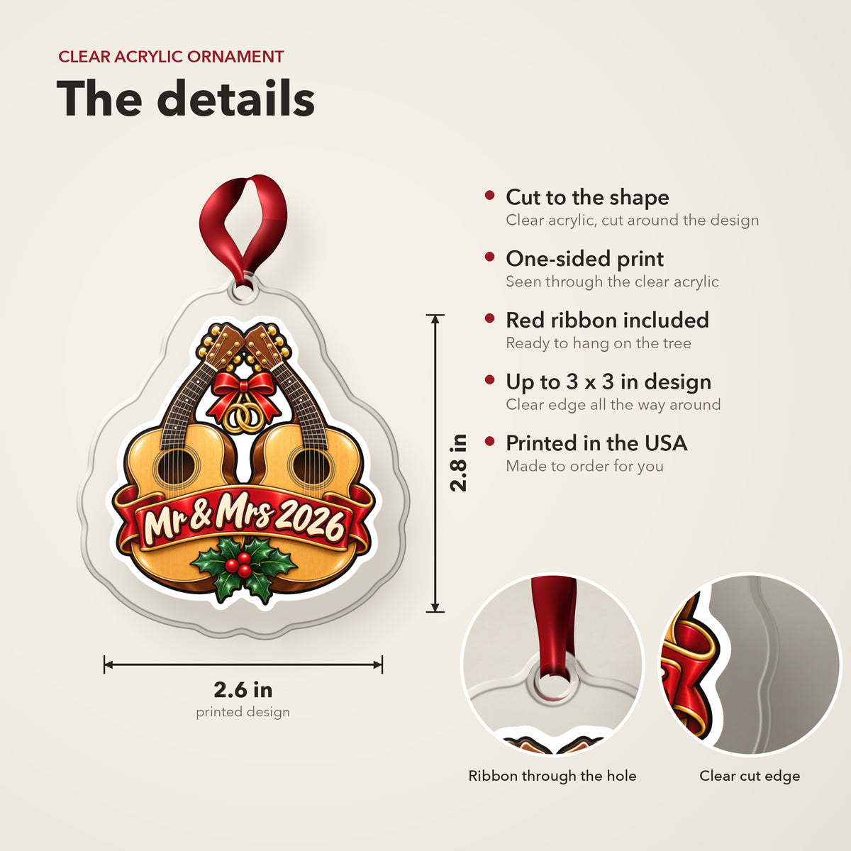 Mr & Mrs First Christmas 2026 Guitar clear acrylic Christmas ornament details card: size, clear acrylic, ribbon included, printed in the USA