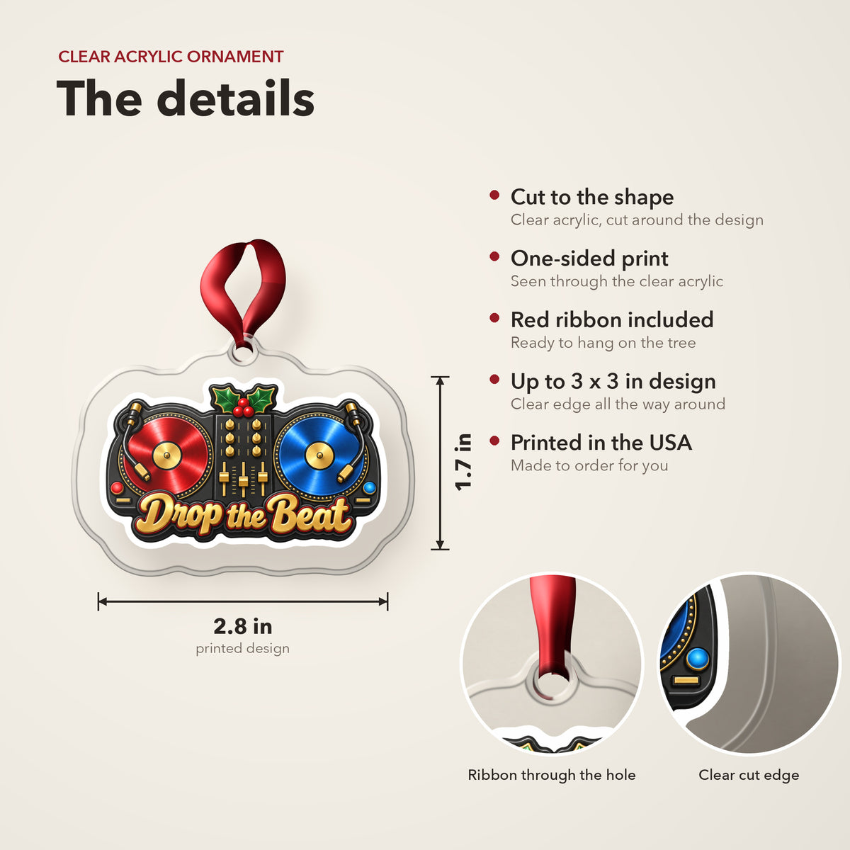 Drop the Beat DJ Turntables clear acrylic Christmas ornament details card: size, clear acrylic, ribbon included, printed in the USA