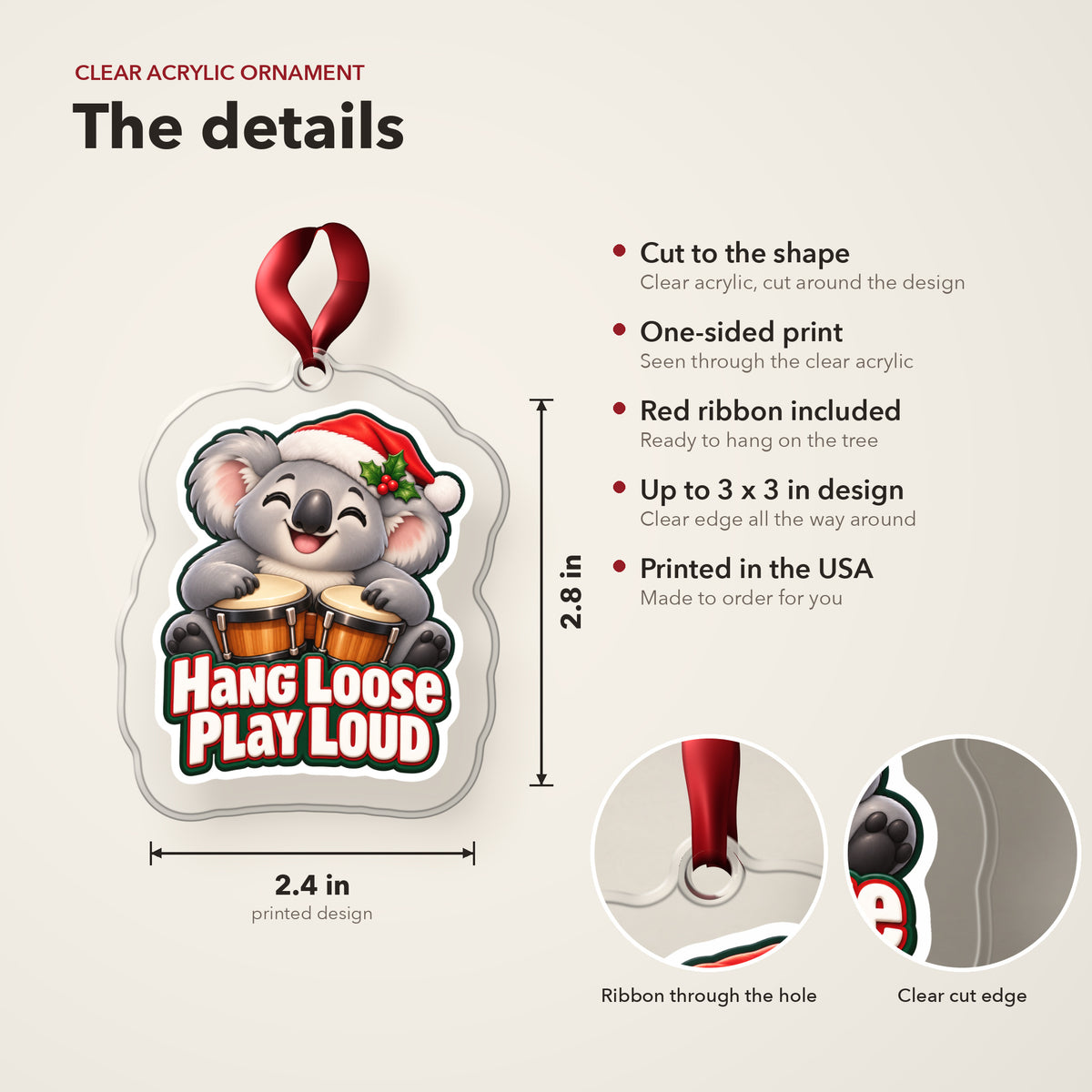 Hang Loose, Play Loud Koala Bongo clear acrylic Christmas ornament details card: size, clear acrylic, ribbon included, printed in the USA