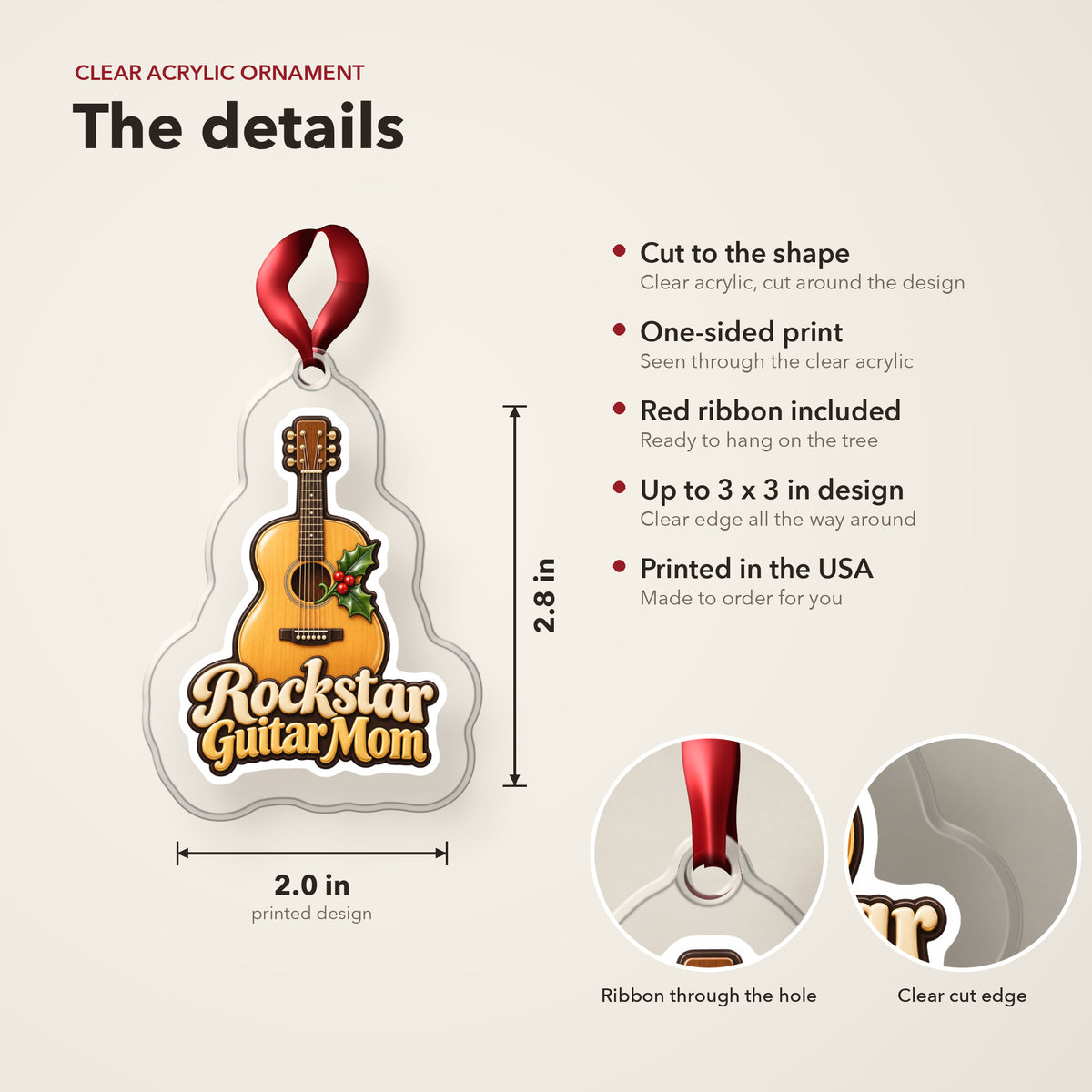 Rockstar Guitar Mom clear acrylic Christmas ornament details card: size, clear acrylic, ribbon included, printed in the USA