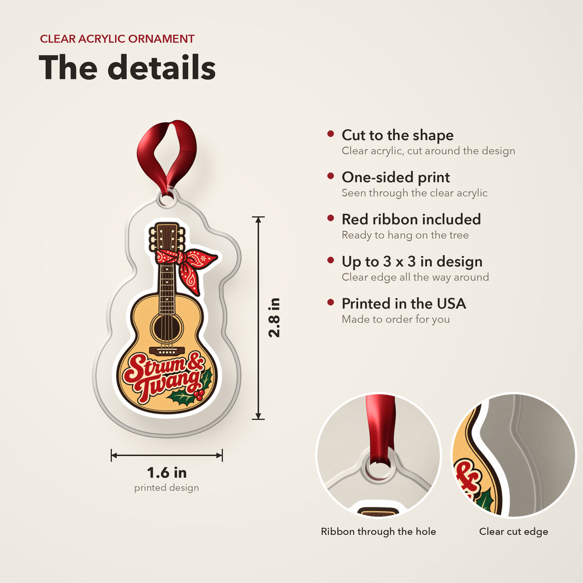 Strum & Twang Country Guitar clear acrylic Christmas ornament details card: size, clear acrylic, ribbon included, printed in the USA