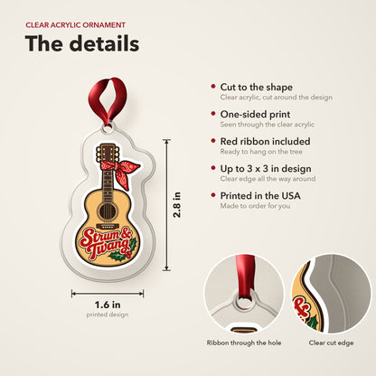 Strum & Twang Country Guitar clear acrylic Christmas ornament details card: size, clear acrylic, ribbon included, printed in the USA