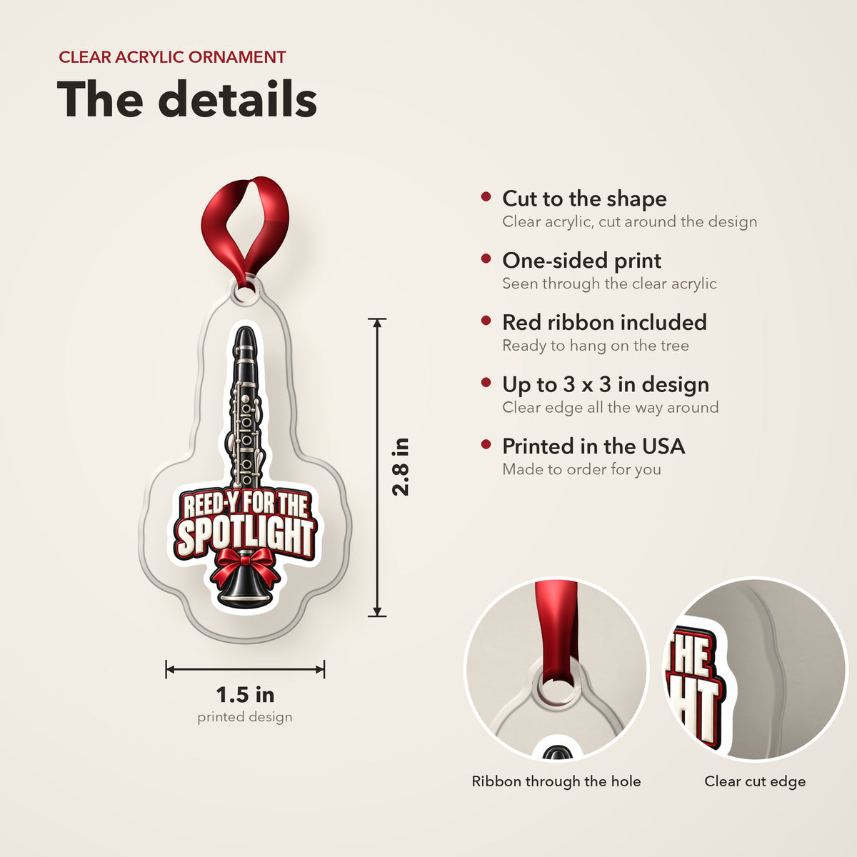 Reed-y for the Spotlight Clarinet clear acrylic Christmas ornament details card: size, clear acrylic, ribbon included, printed in the USA