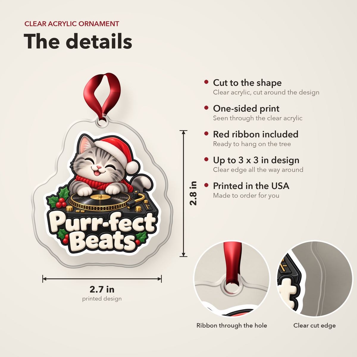 Purr-fect Beats Cat DJ clear acrylic Christmas ornament details card: size, clear acrylic, ribbon included, printed in the USA