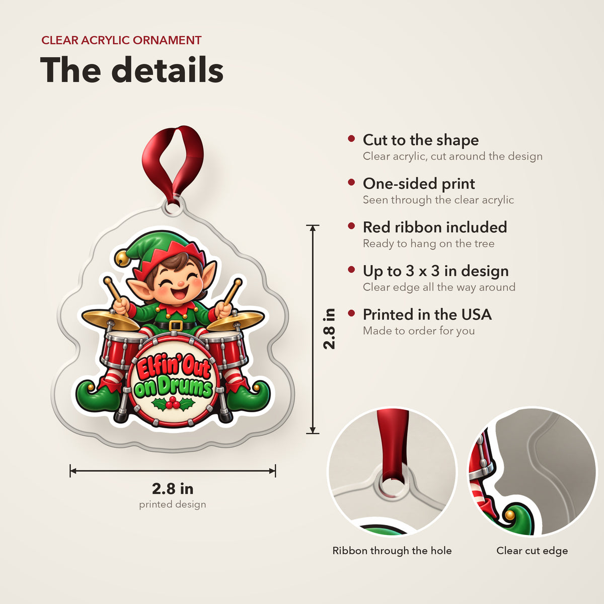 Elfin' Out on Drums Elf Drummer clear acrylic Christmas ornament details card: size, clear acrylic, ribbon included, printed in the USA