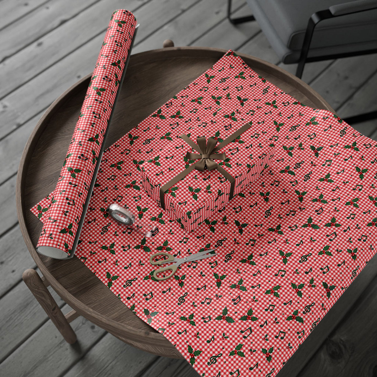 Red Gingham Music Note Wrapping Paper