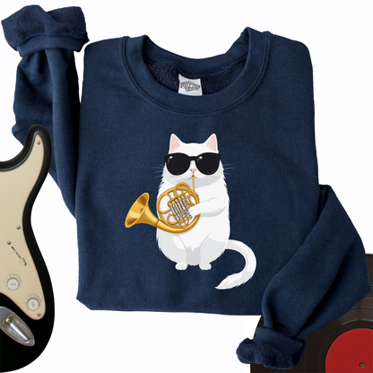 Cat Playing French Horn Crewneck