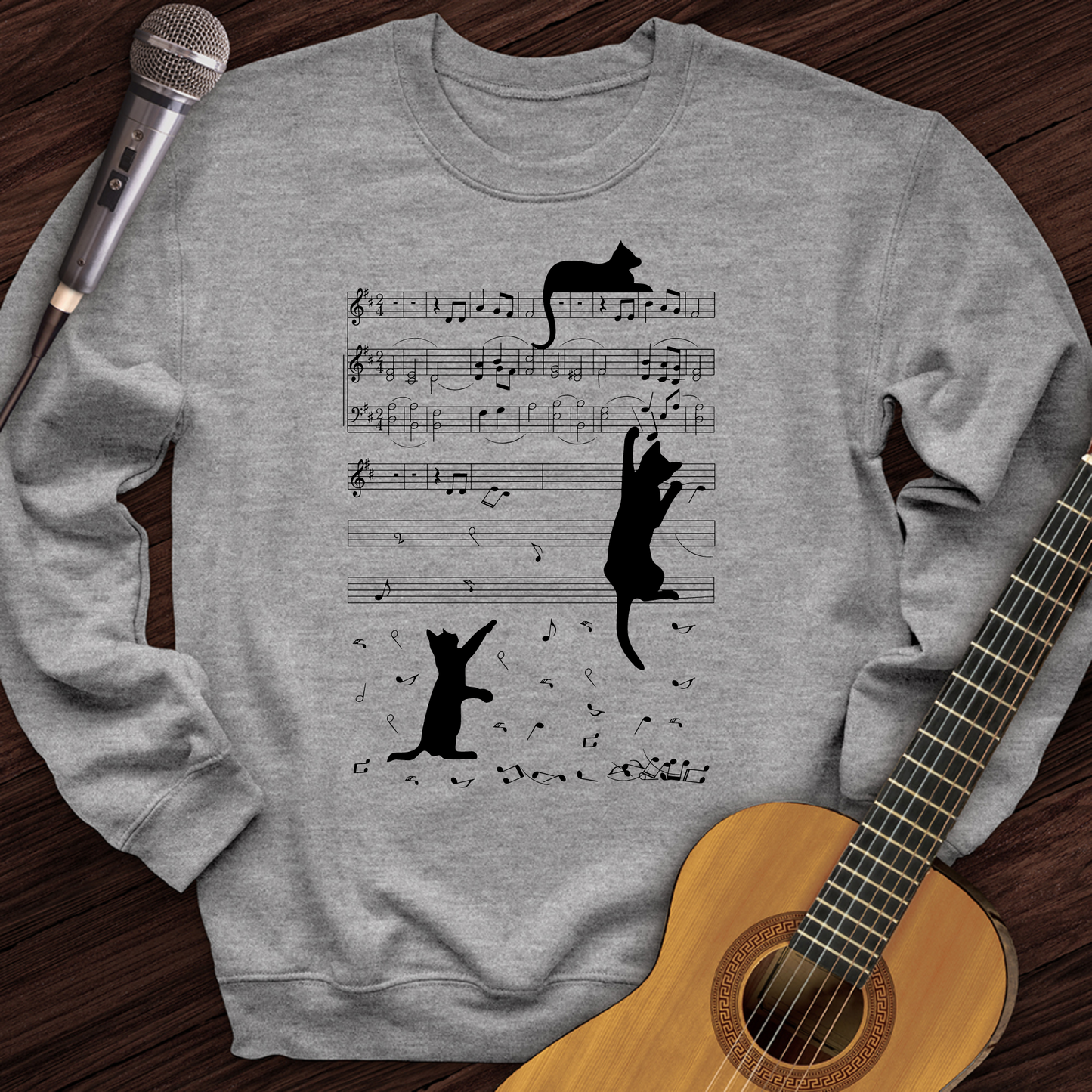 Climbing Cat On Musical Note Crewneck