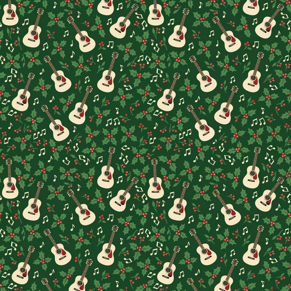 Holly Jolly Acoustic Guitar Wrapping Paper pattern close-up
