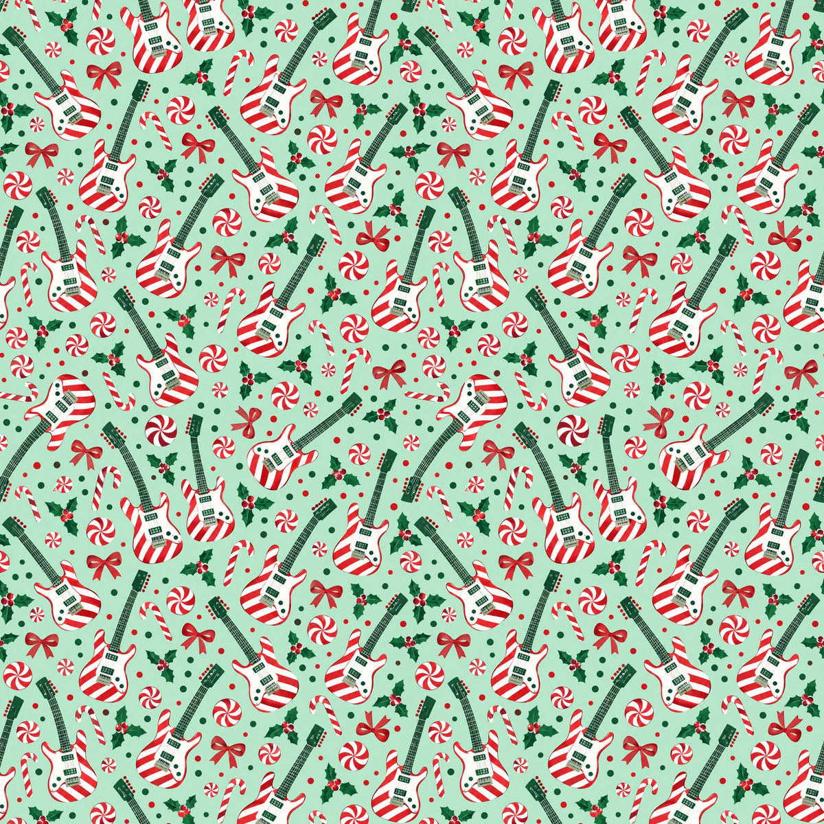 Candy Cane Guitars Wrapping Paper pattern close-up