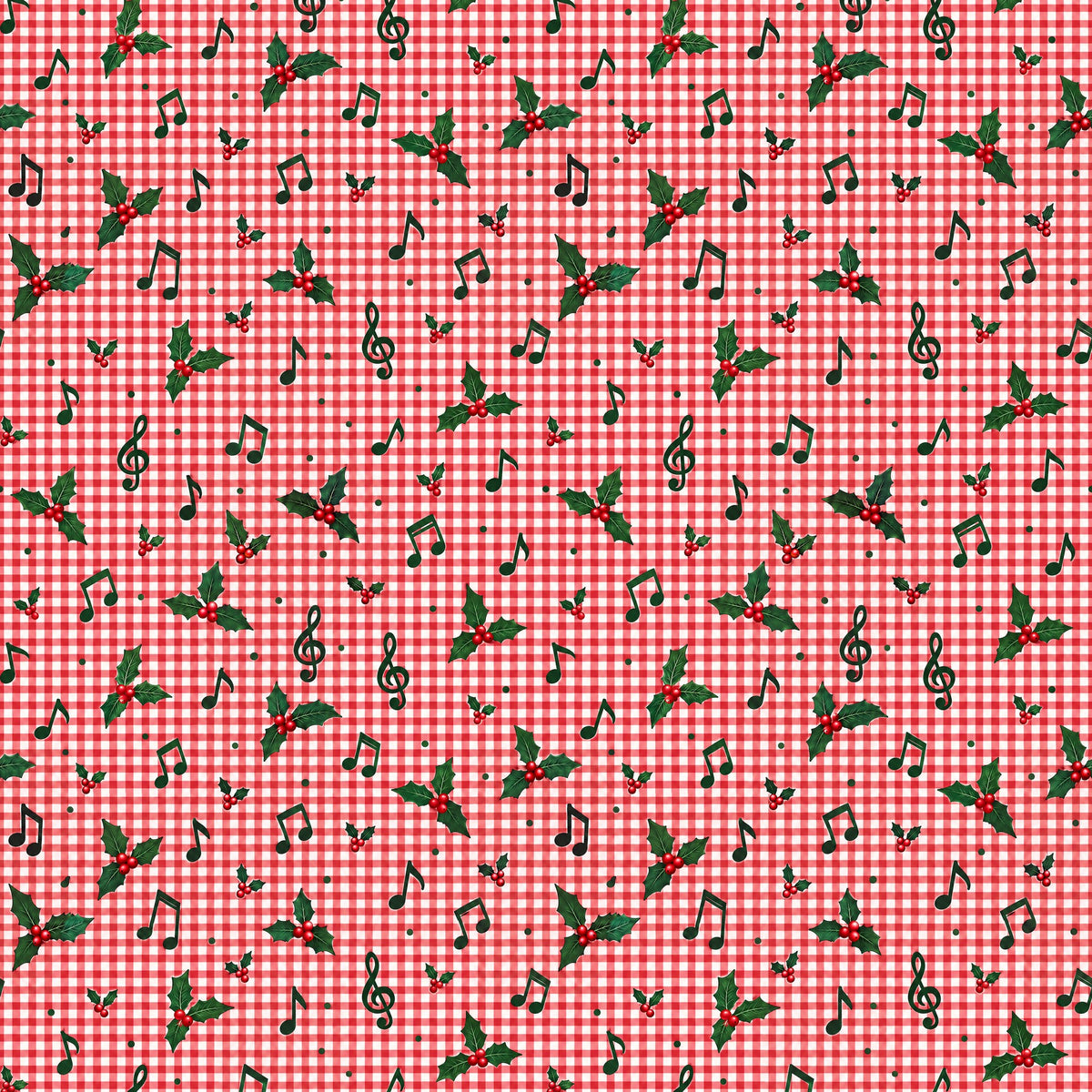 Red Gingham Music Note Wrapping Paper pattern close-up