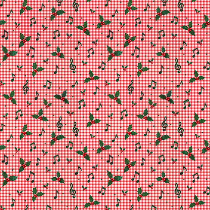 Red Gingham Music Note Wrapping Paper pattern close-up