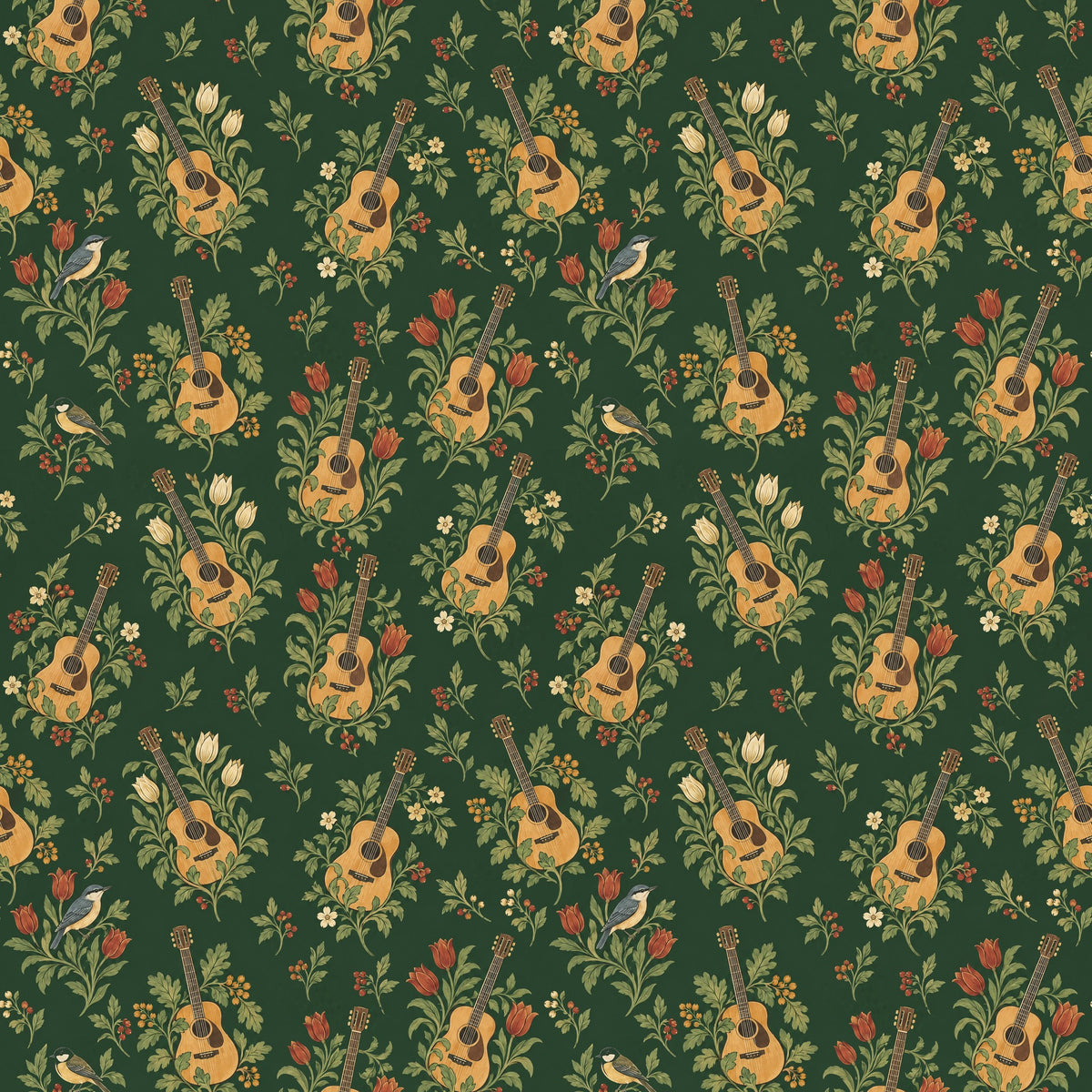 Guitar Botanical Toile Wrapping Paper pattern close-up