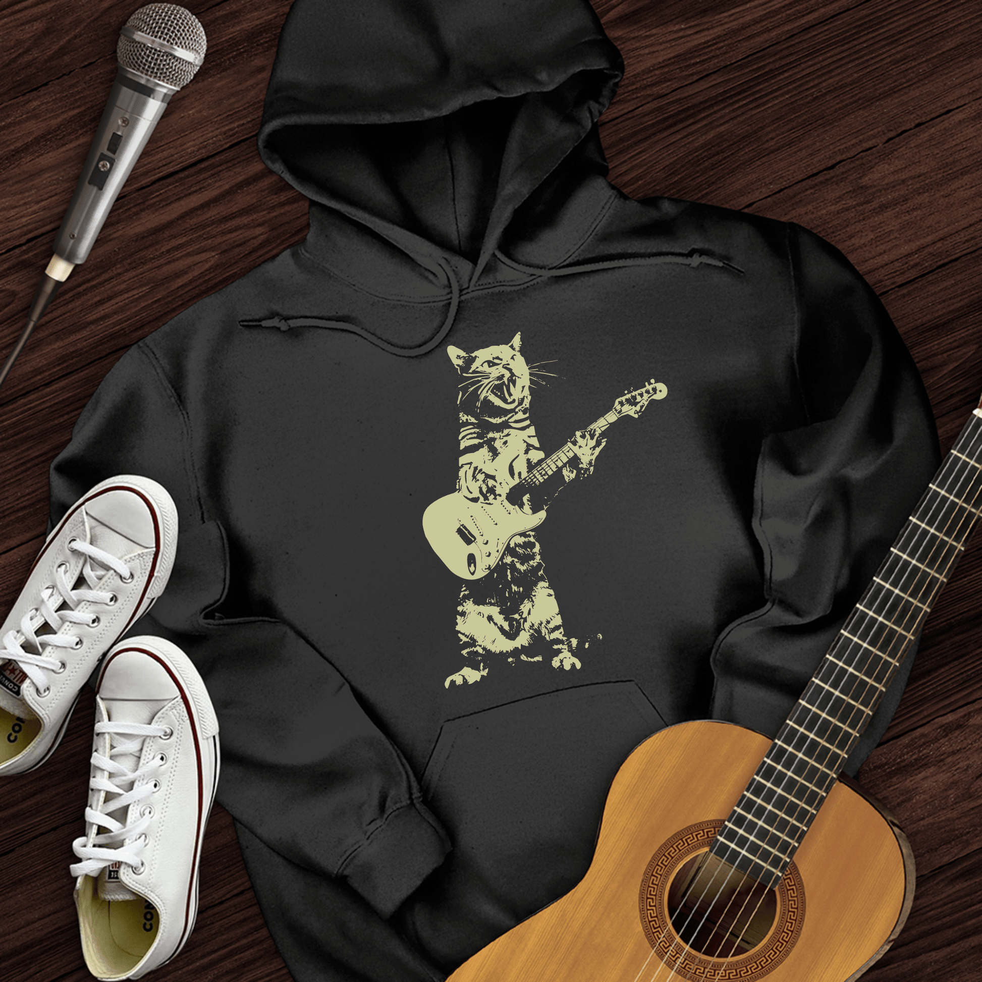 Printify Hoodie Black / S Cat Guitar Hoodie