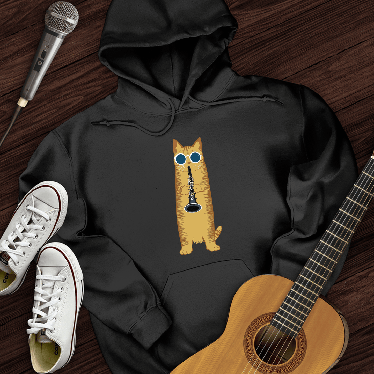 Printify Hoodie Black / S Cat Playing The Clarinet Hoodie