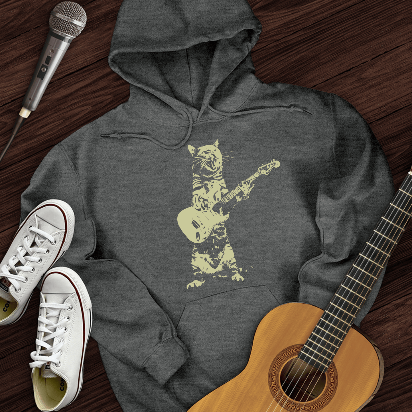 Printify Hoodie Dark Heather / S Cat Guitar Hoodie