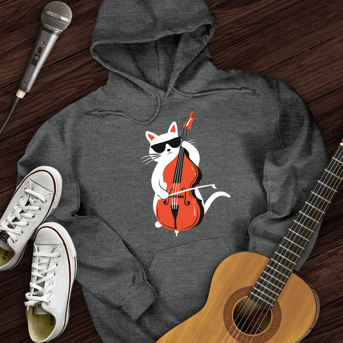 Printify Hoodie Dark Heather / S Cat Playing Cello Hoodie