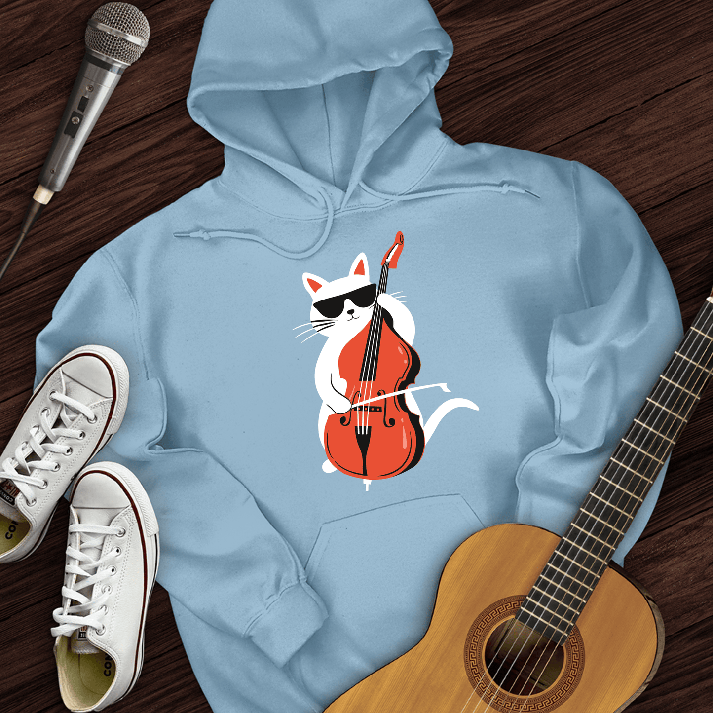 Printify Hoodie Light Blue / S Cat Playing Cello Hoodie