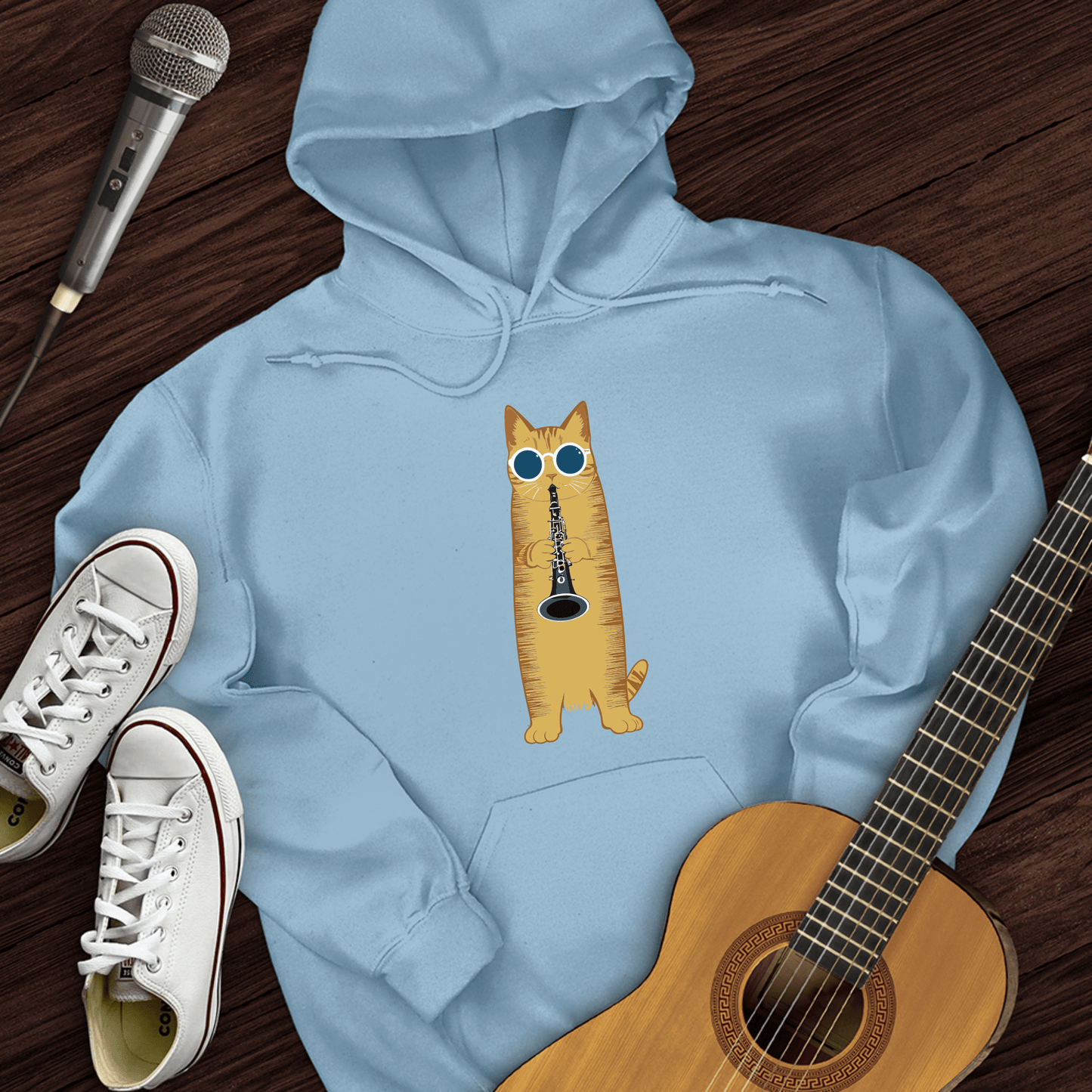 Printify Hoodie Light Blue / S Cat Playing The Clarinet Hoodie