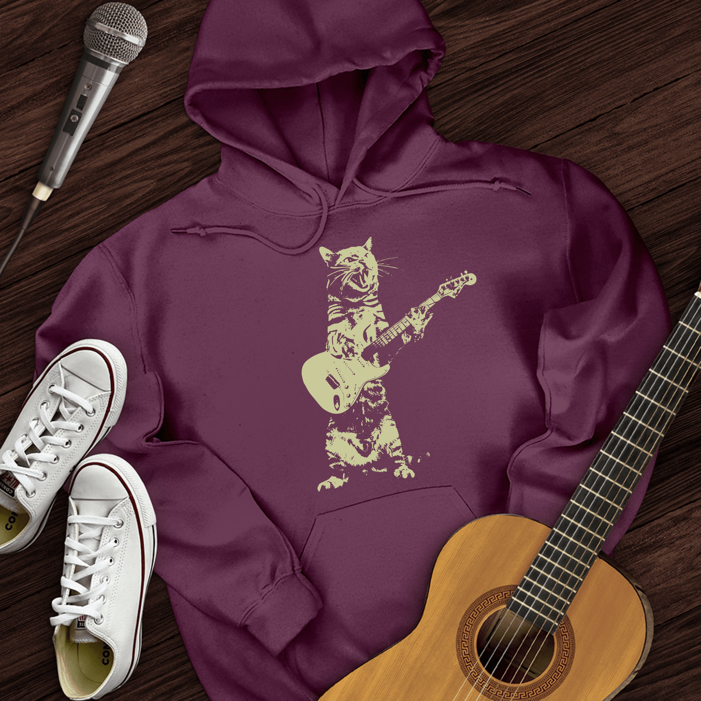 Printify Hoodie Maroon / S Cat Guitar Hoodie