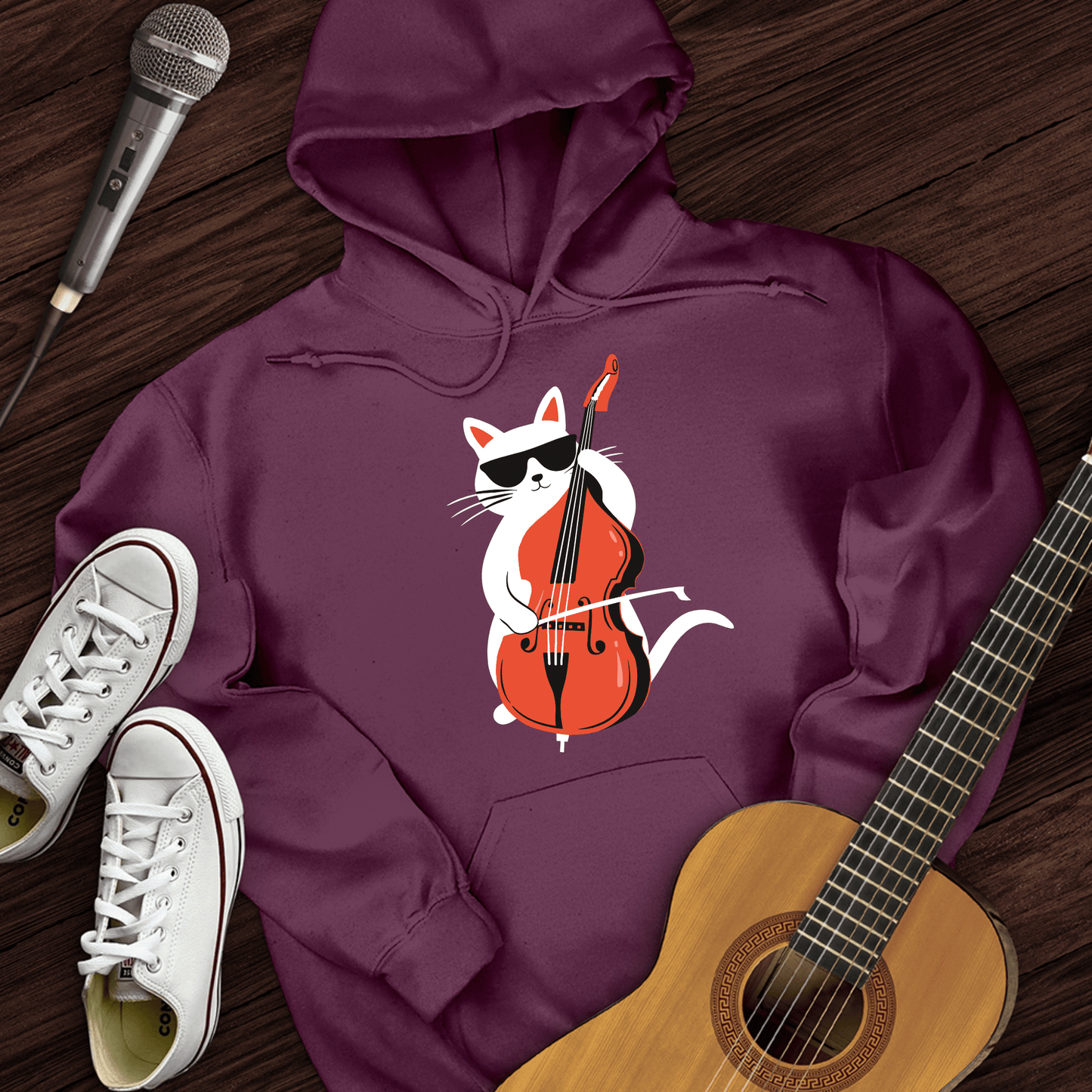 Printify Hoodie Maroon / S Cat Playing Cello Hoodie