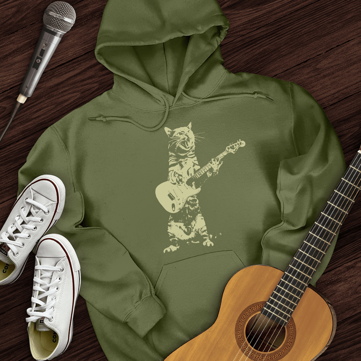 Printify Hoodie Military Green / S Cat Guitar Hoodie