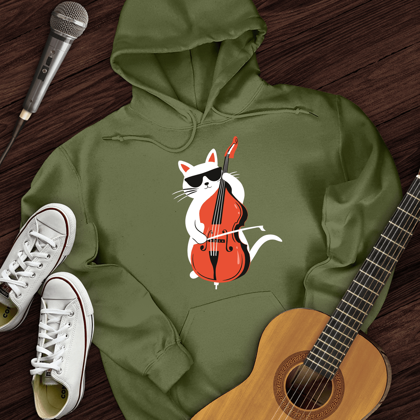 Printify Hoodie Military Green / S Cat Playing Cello Hoodie