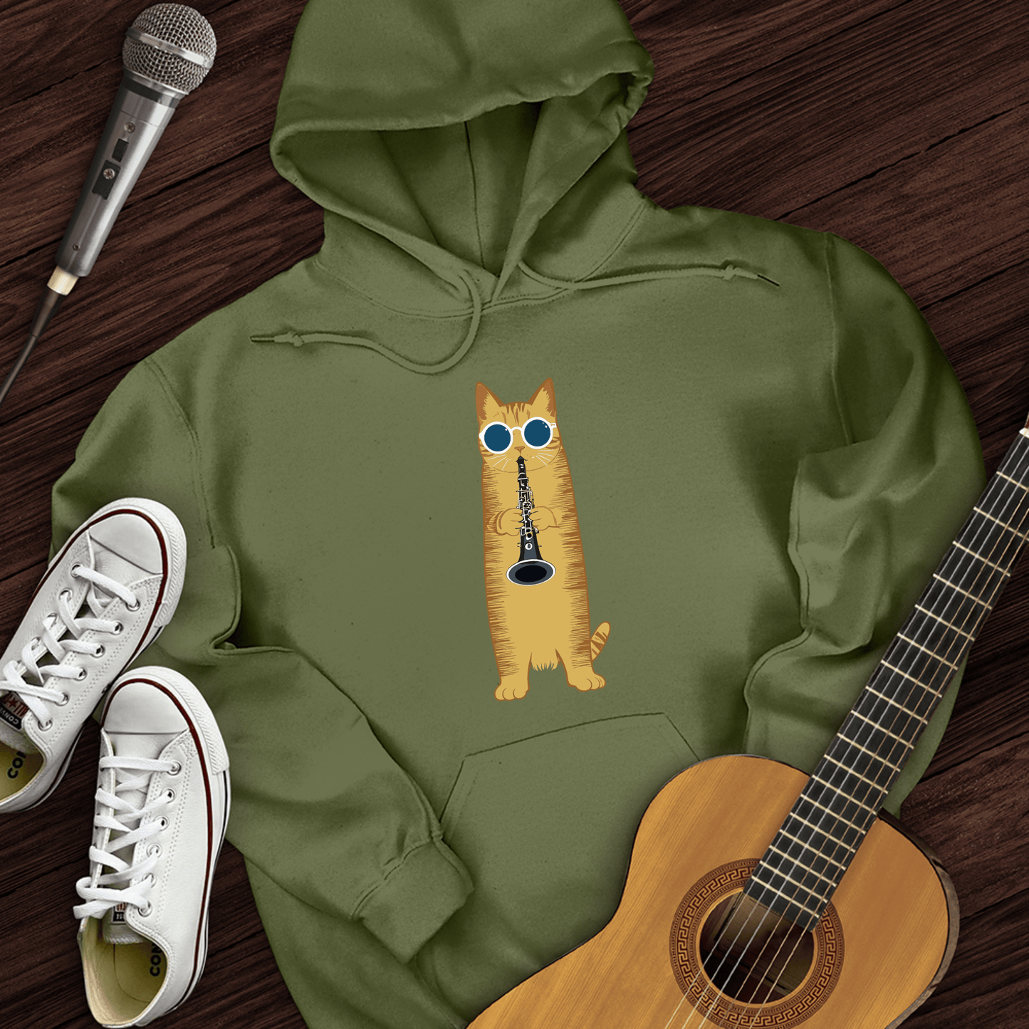 Printify Hoodie Military Green / S Cat Playing The Clarinet Hoodie