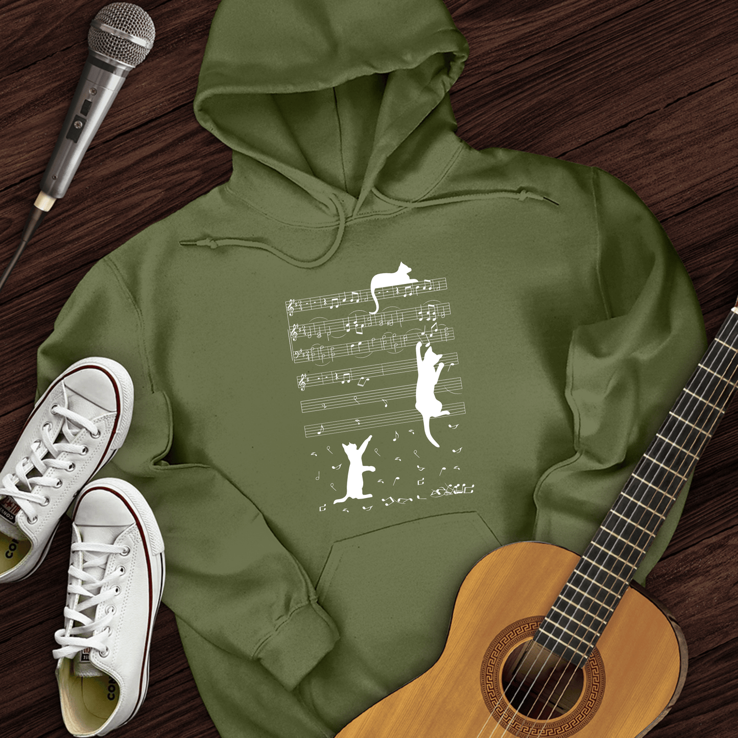 Printify Hoodie Military Green / S Climbing Cat On Musical Note Hoodie