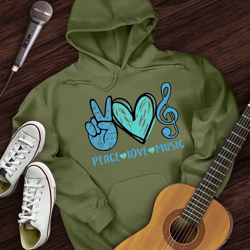 Printify Hoodie Military Green / S Peace, Love, Music Hoodie
