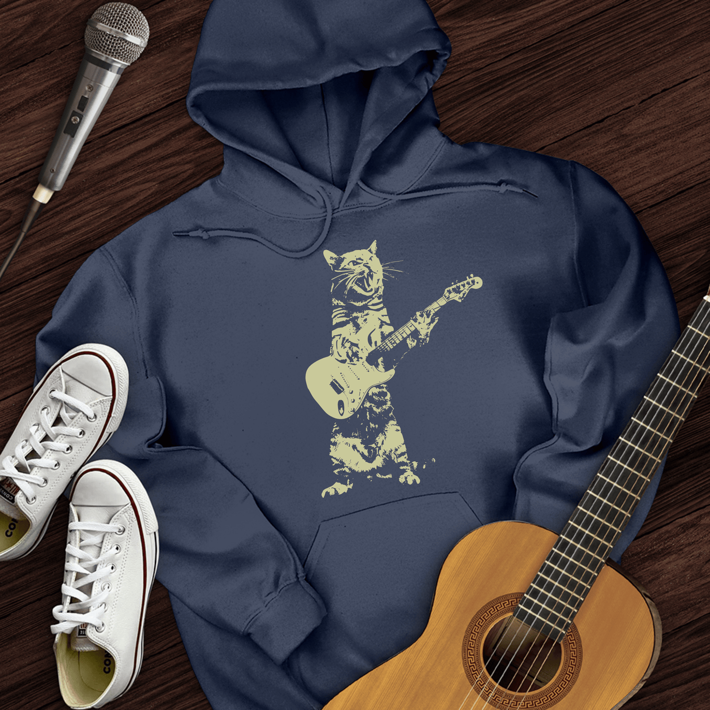 Printify Hoodie Navy / S Cat Guitar Hoodie