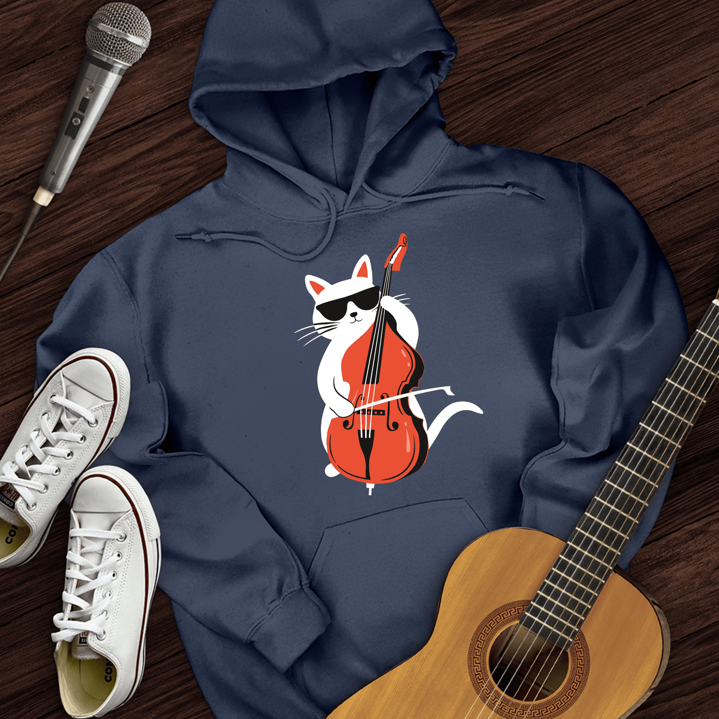 Printify Hoodie Navy / S Cat Playing Cello Hoodie