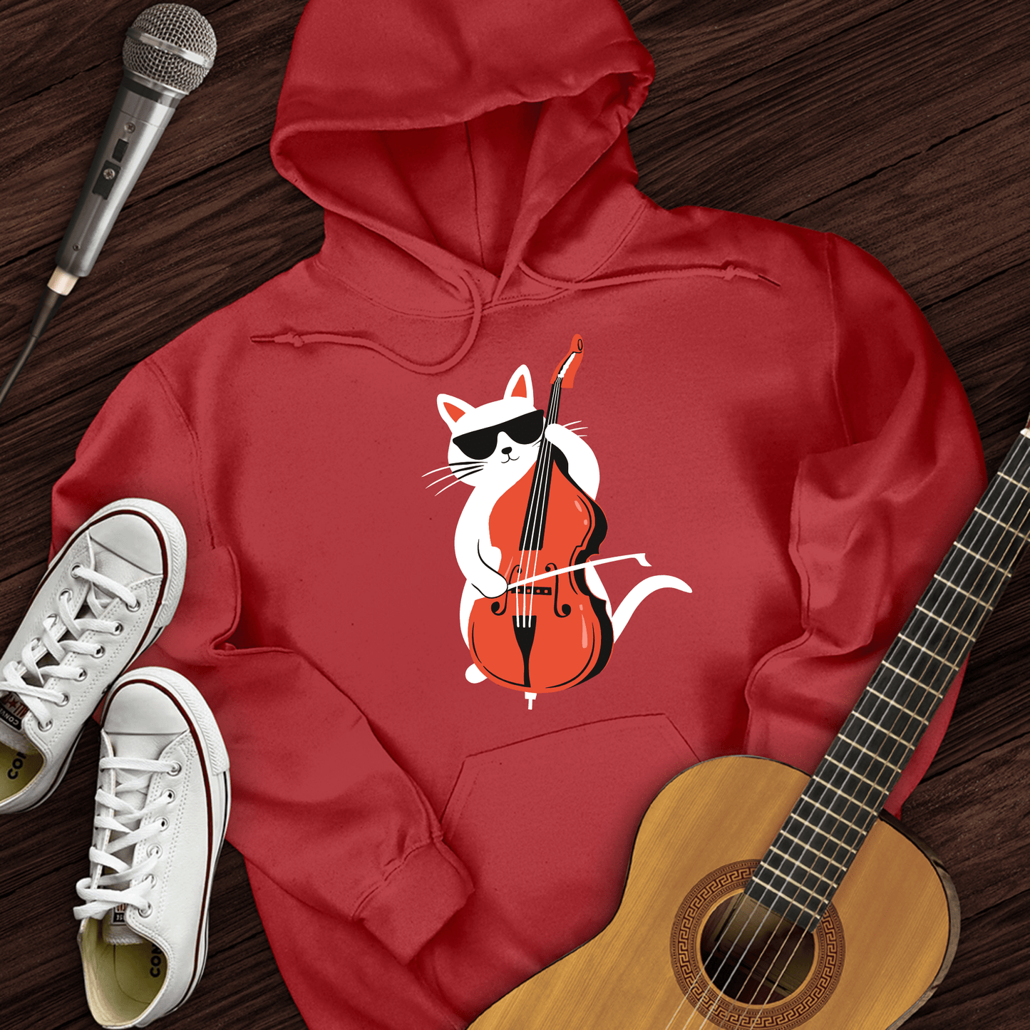 Printify Hoodie Red / S Cat Playing Cello Hoodie