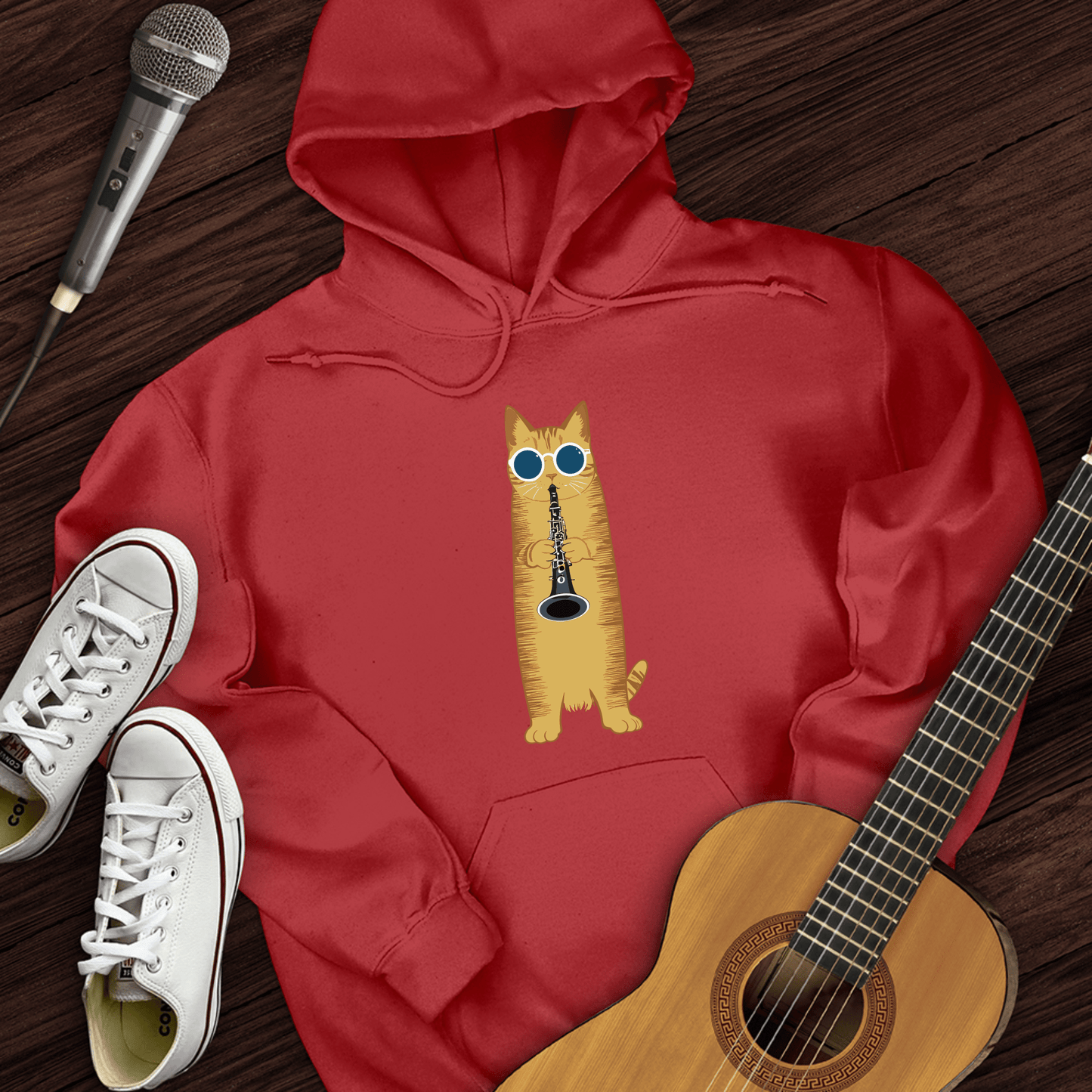 Printify Hoodie Red / S Cat Playing The Clarinet Hoodie