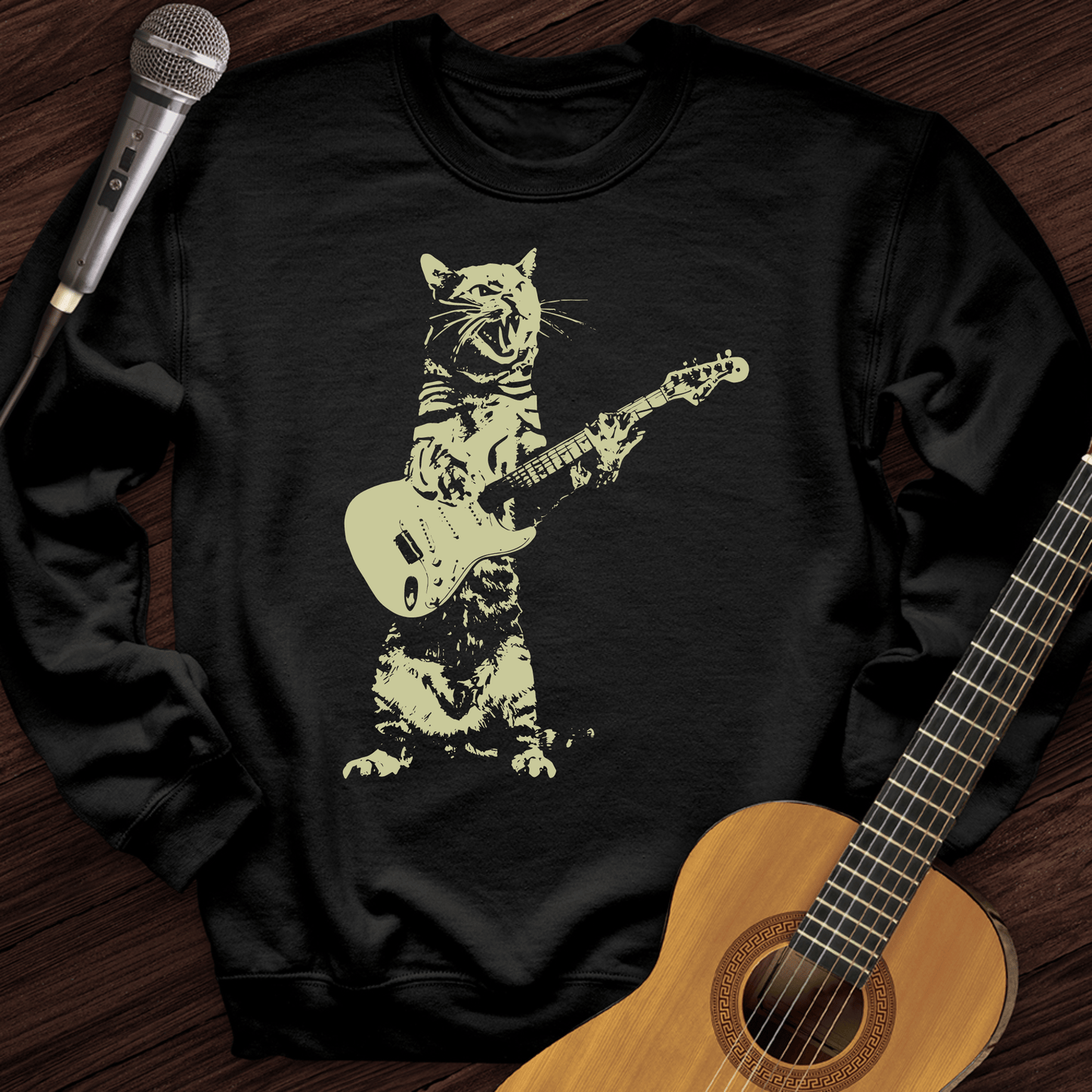 Printify Sweatshirt Black / S Cat Guitar Crewneck