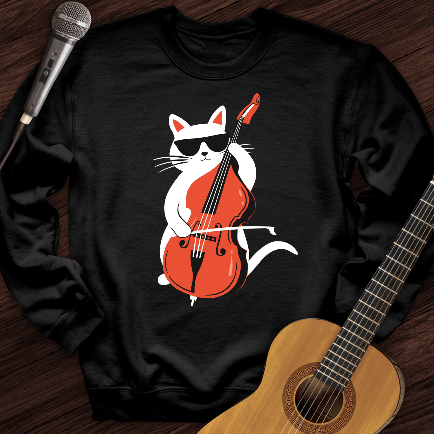 Printify Sweatshirt Black / S Cat Playing Cello Crewneck