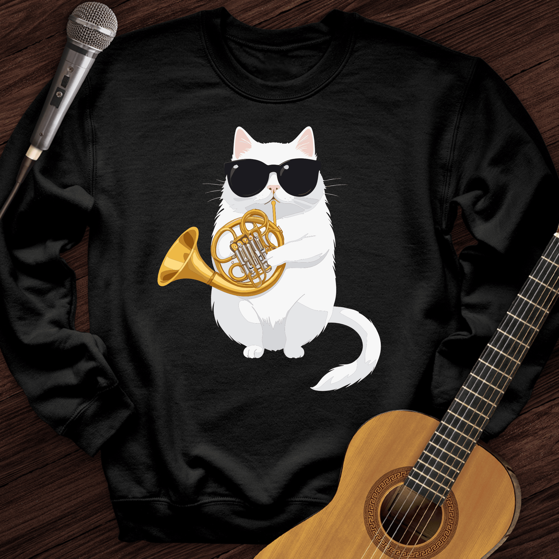 Printify Sweatshirt Black / S Cat Playing French Horn Crewneck