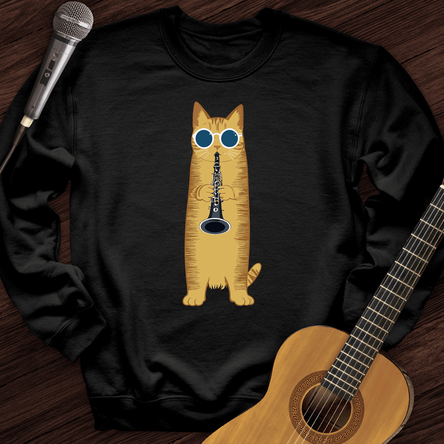 Printify Sweatshirt Black / S Cat Playing The Clarinet Crewneck