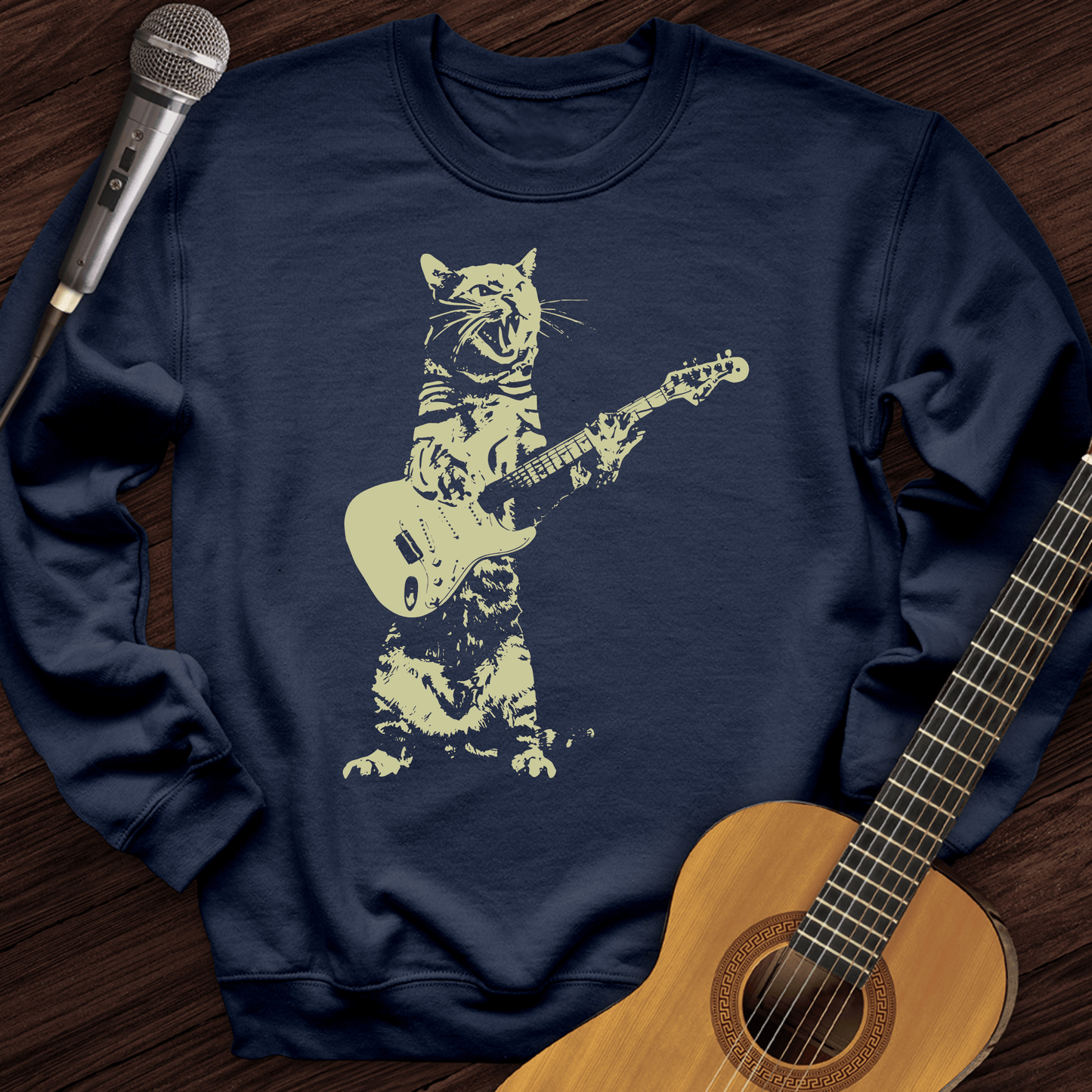 Printify Sweatshirt Navy / S Cat Guitar Crewneck