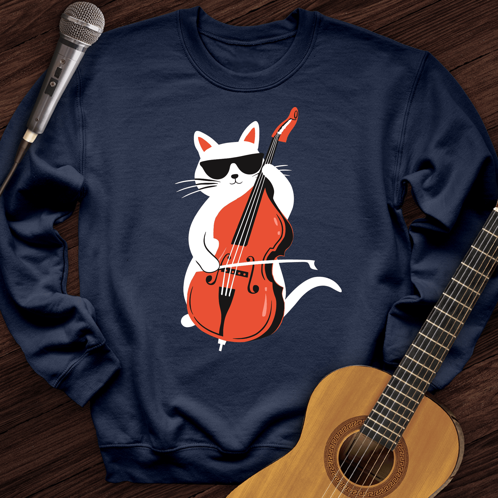 Printify Sweatshirt Navy / S Cat Playing Cello Crewneck