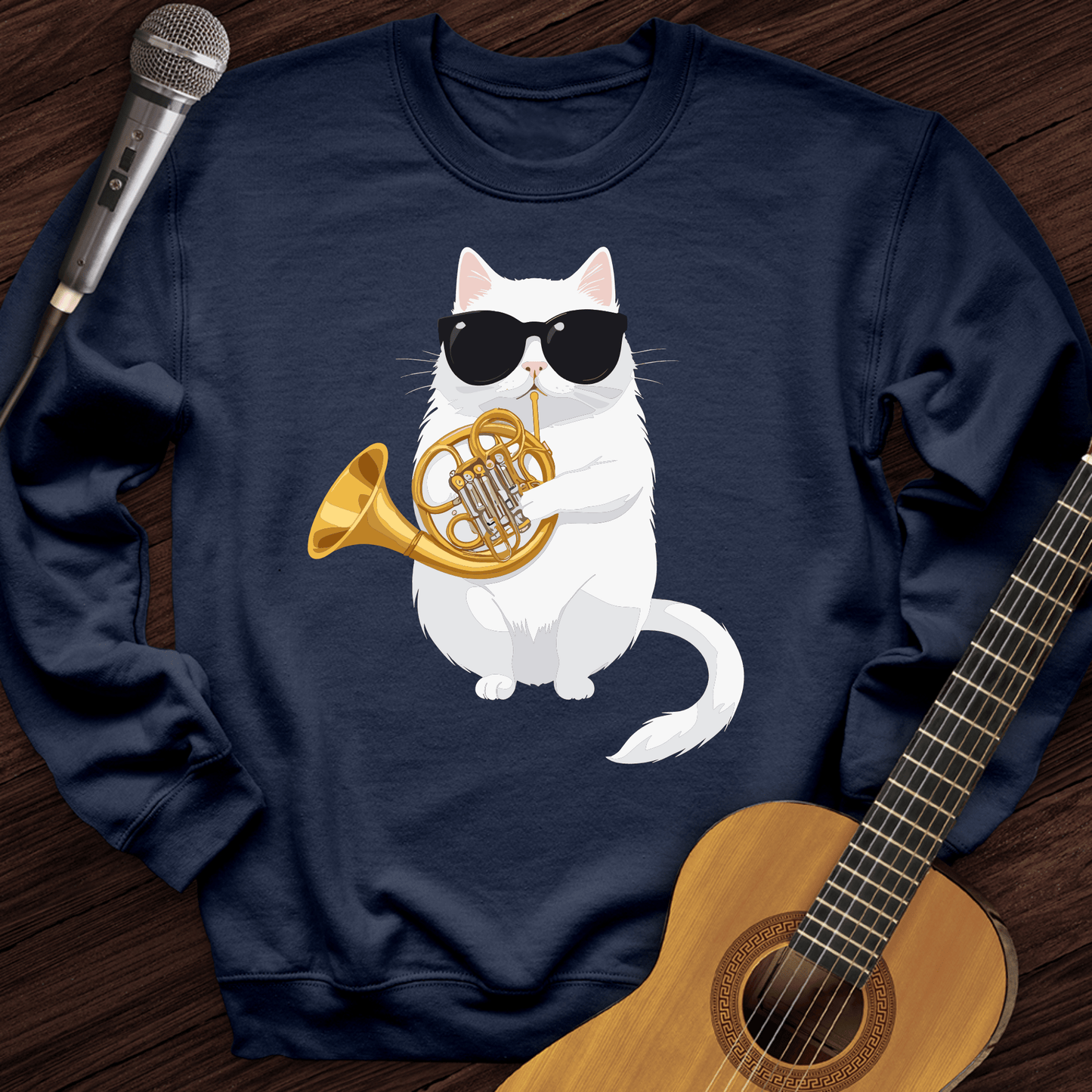 Printify Sweatshirt Navy / S Cat Playing French Horn Crewneck