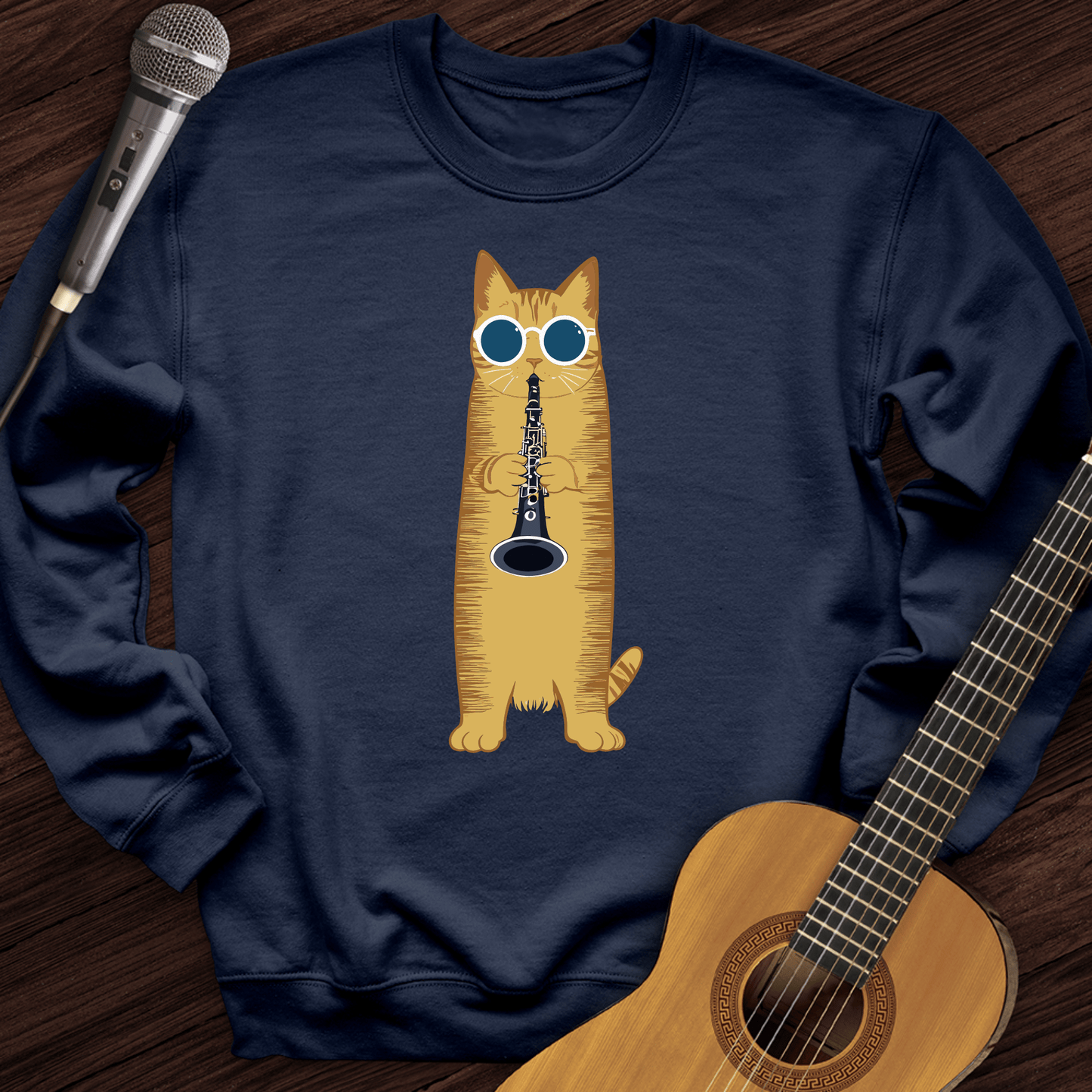 Printify Sweatshirt Navy / S Cat Playing The Clarinet Crewneck