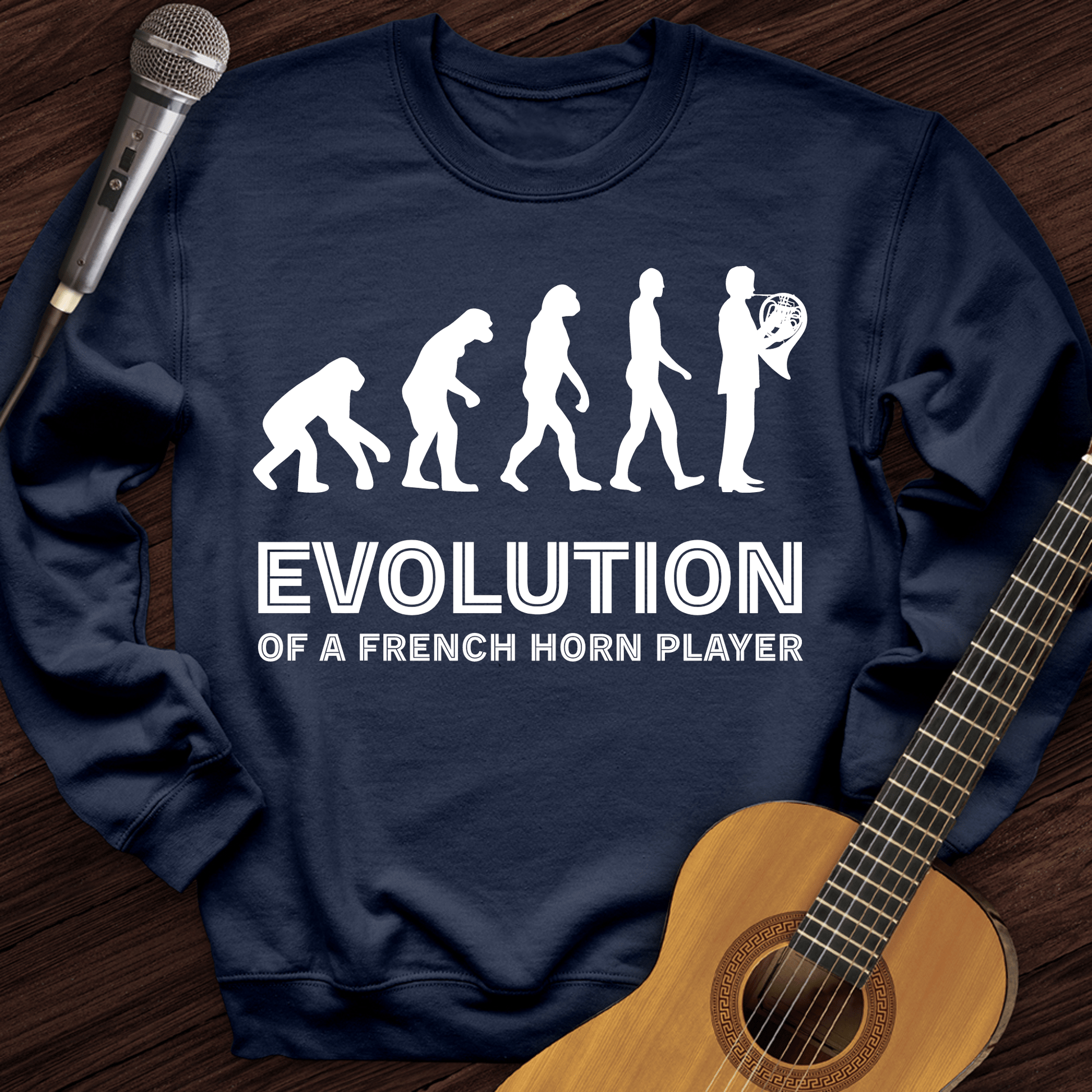 Printify Sweatshirt Navy / S Evolution Of A French Horn Player Crewneck