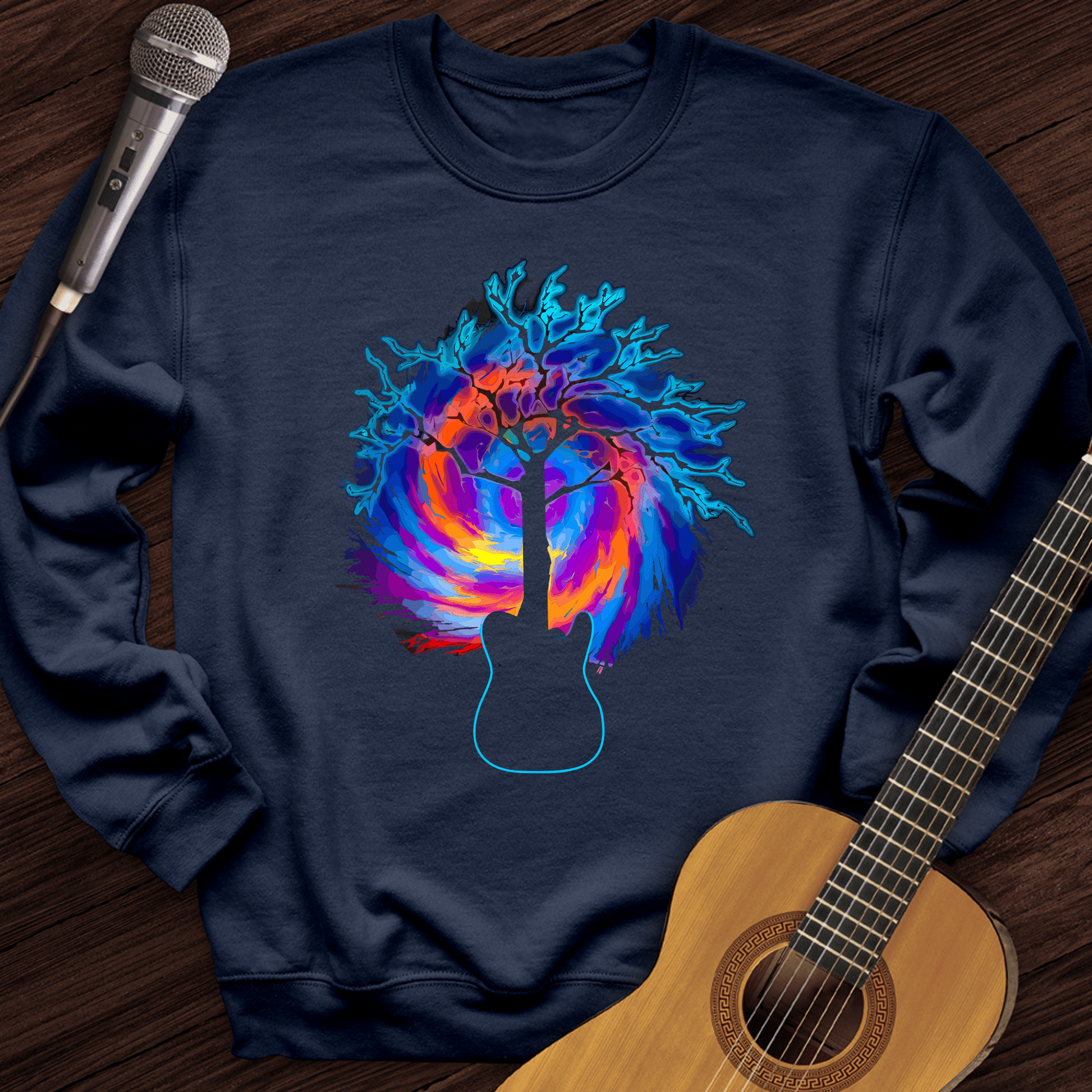 Printify Sweatshirt Navy / S Psychedelic Tree Guitar Crewneck