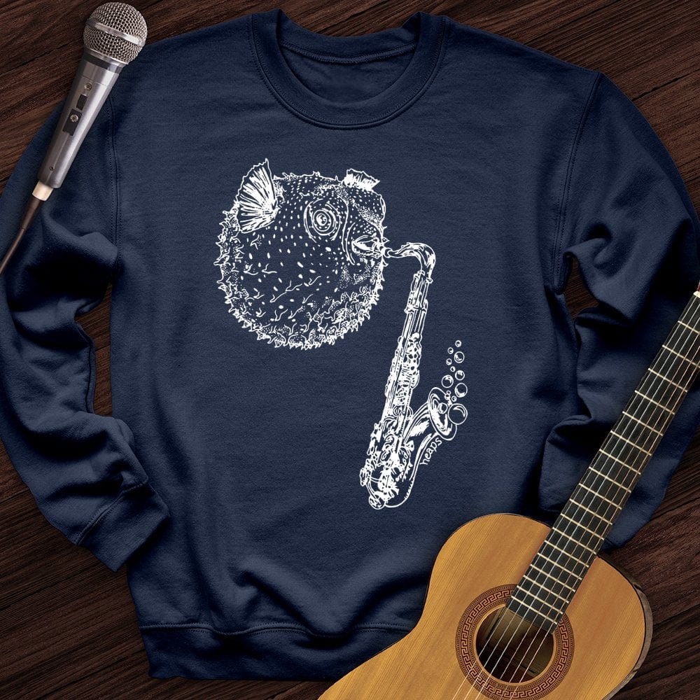 Printify Sweatshirt Navy / S Puffer Fish Saxophone Crewneck