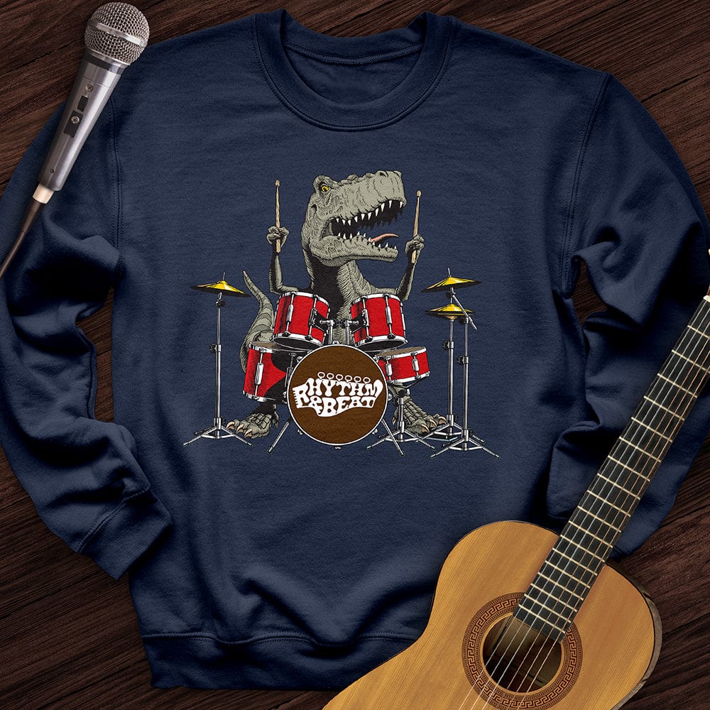 Printify Sweatshirt Navy / S T-Rex Playing Drums Crewneck