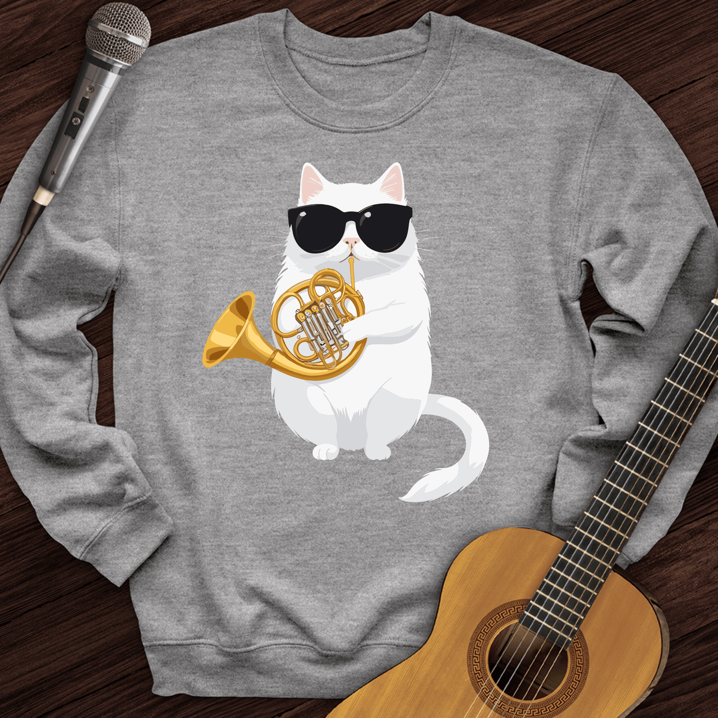 Printify Sweatshirt Sport Grey / S Cat Playing French Horn Crewneck