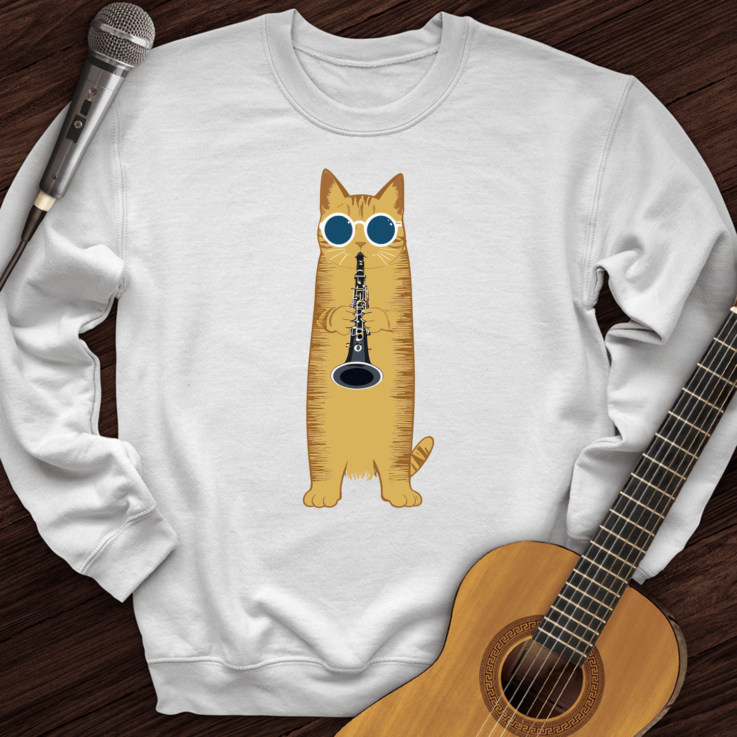 Printify Sweatshirt White / S Cat Playing The Clarinet Crewneck